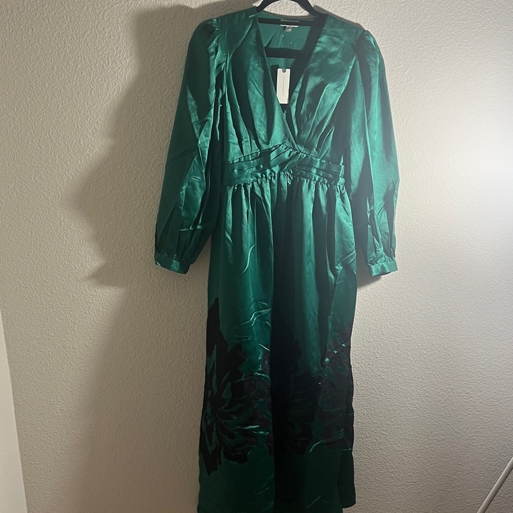 Anthropologie Nikasha Embroidered Satin midi V neck Dress autumn wedding guest - Picture 12 of 14